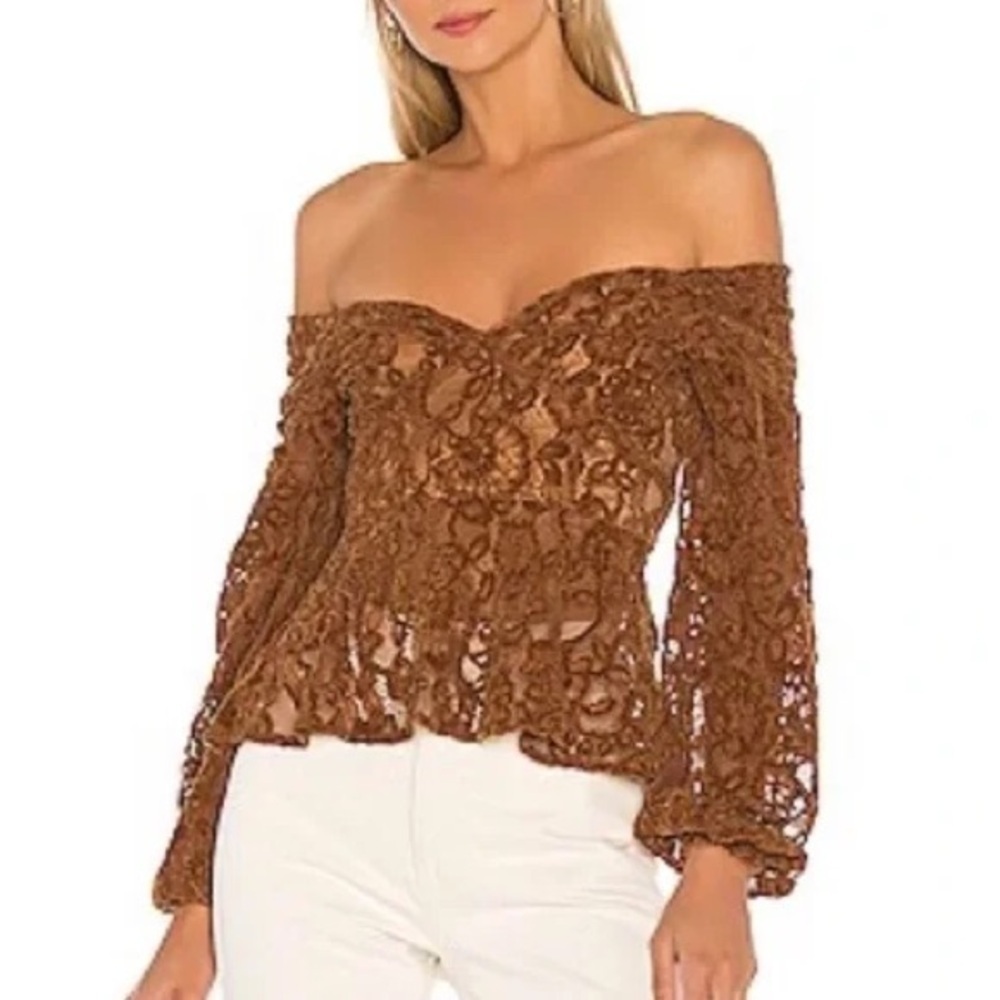Tularosa Chestnut Brown Off-Shoulder Lace Peplum Blouse